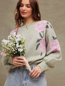 WESTFADE Áo len dệt kim cổ thuyền tay dài họa tiết hoa khảm miền Tây dễ thương, trang phục miền Tây, phong cách Boho, mùa thu, mùa đông - màu xanh lá - Xem 4