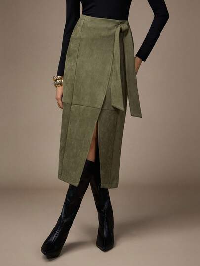 NOVVYNE 女士纯色交叉裹腰优雅半身裙