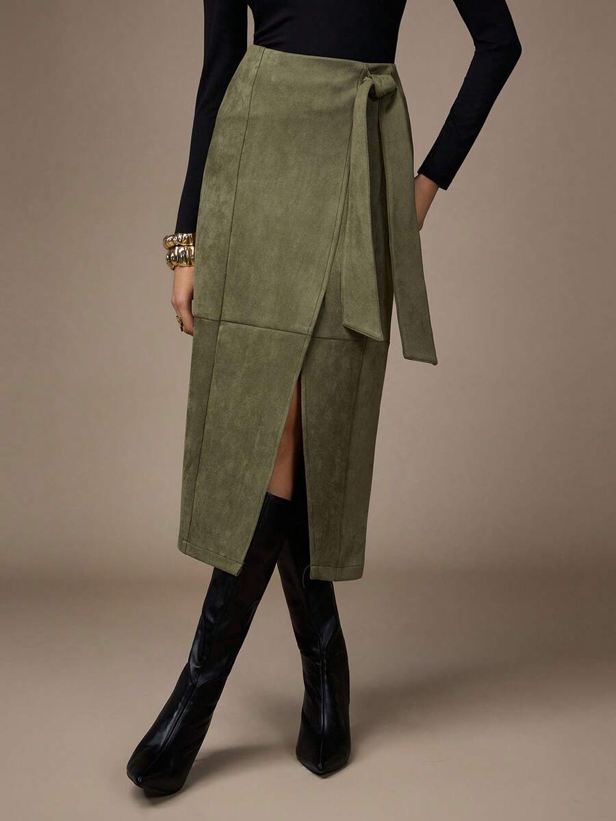 NOVVYNE 女士纯色交叉裹腰优雅半身裙