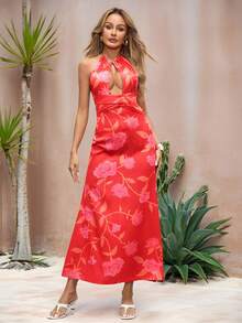 Glamance Carol Caju Women's Elegant Floral Print Hollow-Out Backless Split Dress, Summer Cut Out Maxi Dress Cruise Dinner Dress Vacation Dinner Dress Long Dress Summer Halter Dress Chic Stylish Clothing Collection Long Vacation Dress Tequila Sunrise Dress Hibiscus Dress Backless Summer Dress Tropical Maxi Dress - Multicolor - View 3