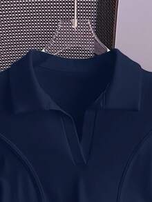 EMERY ROSE 女式纯色 Polo 领短袖休闲百搭 T 恤 - 藏蓝色 - 查看 4