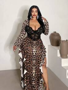 Maweii 女式修身优雅别致连衣裙，有领，蕾丝花边，丝带，豹纹长袖，网眼透视性感，适合秋冬季休闲、约会、度假 - 彩色 - 查看 3