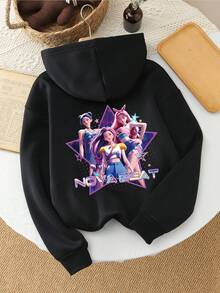 SHEIN 少女休闲时尚舒适简约百搭创意趣味3D星形K-POP卡通女孩图案抓绒卫衣，秋冬款 - 黑色 - 查看 3