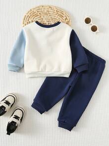 Cozy Pixies 2pcs Baby Boy Cartoon Elephant Pattern Contrast Color Hooded Sweatshirt And Elastic Waist Pants Thickened Fleece Outfit Set - Baby Blue - View 2