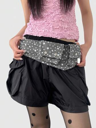 Anime Retro Black & White Polka Dot Print Pocket Waist Bag With Adjustable Width Belt, Fashion Versatile Accessory Combo For Commuting