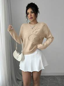 Elenzga Women's Crew Neck Floral Pattern Solid Color Pullover Sweater - Khaki - View 5