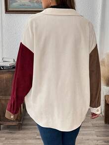 SHEIN LUNE Plus Size Women Corduroy Patchwork Dropped Shoulder Long Sleeve Single-Breasted Loose Shirt - Multicolor - View 2