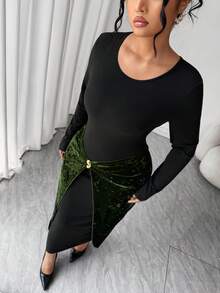 Elenzga Elegant Colorblock Twist Knot Bodycon Dress, Black & Green Patchwork, Metal Buckle Decor, Party Dress For Women, Spring/Autumn/Winter - Multicolor - View 8