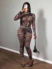 Slaydiva 2025 新款夏季休闲街头风格性感透视网眼斑马纹紧身长袖上衣和紧身裤 2 件套，适合音乐节、性感街头风格、毕业典礼、万圣节服装、日常外出、摩托车运动、俱乐部、时髦女孩、生日派对、学生制服、基本百搭、休闲、度假、邮轮旅行、海滩、日光浴、病毒时尚、派对和聚会 - 彩色 - 查看 4