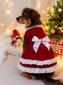 PETSIN 猫咪圣诞宠物裙 - 红色圣诞老人风格，配白色蝴蝶结和褶边