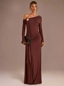 SHEIN BAE فستان كتف مكشوف بأكمام طويلة مع إبزيم معدني على الخصر مزين بكشكشة، فستان أنيق للمناسبات، الزفاف، وصيفات العروس، أعياد الميلاد، خريف/شتاء