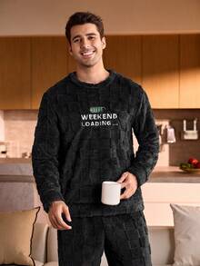 Provexi Provexi Plus Size Men Coral Thermal Crew Neck Long Sleeve Pajama Set, Thickened & Thermal Lined, Autumn/Winter - Black - View 4
