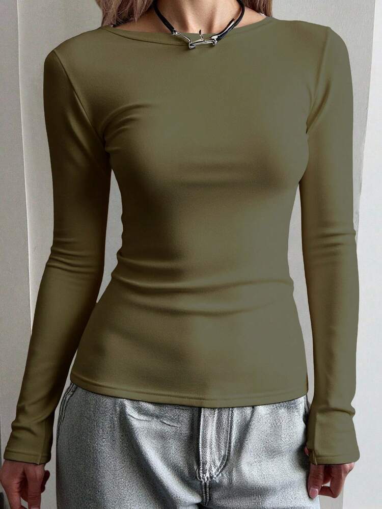 Women's Thermal Lined Solid Color Crew Neck Long Sleeve T-Shirt Thermal Lined,Winter