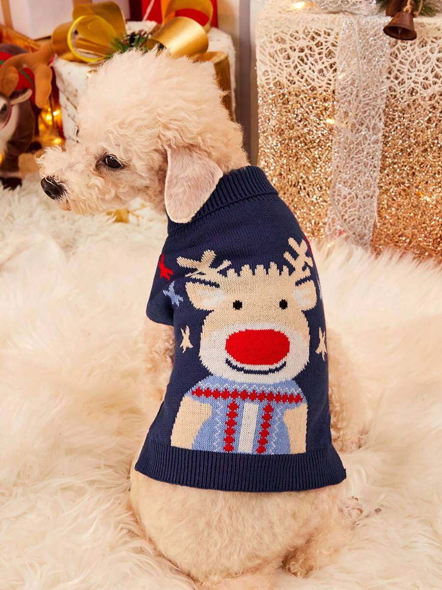 PETSIN 1pc Christmas Pet Cat Dog Universal Green Diamond Grid Elk Snowflake Cute Pattern Jacquard Knitted Elastic Comfortable Dog Christmas Sweater - Multicolor - View 1