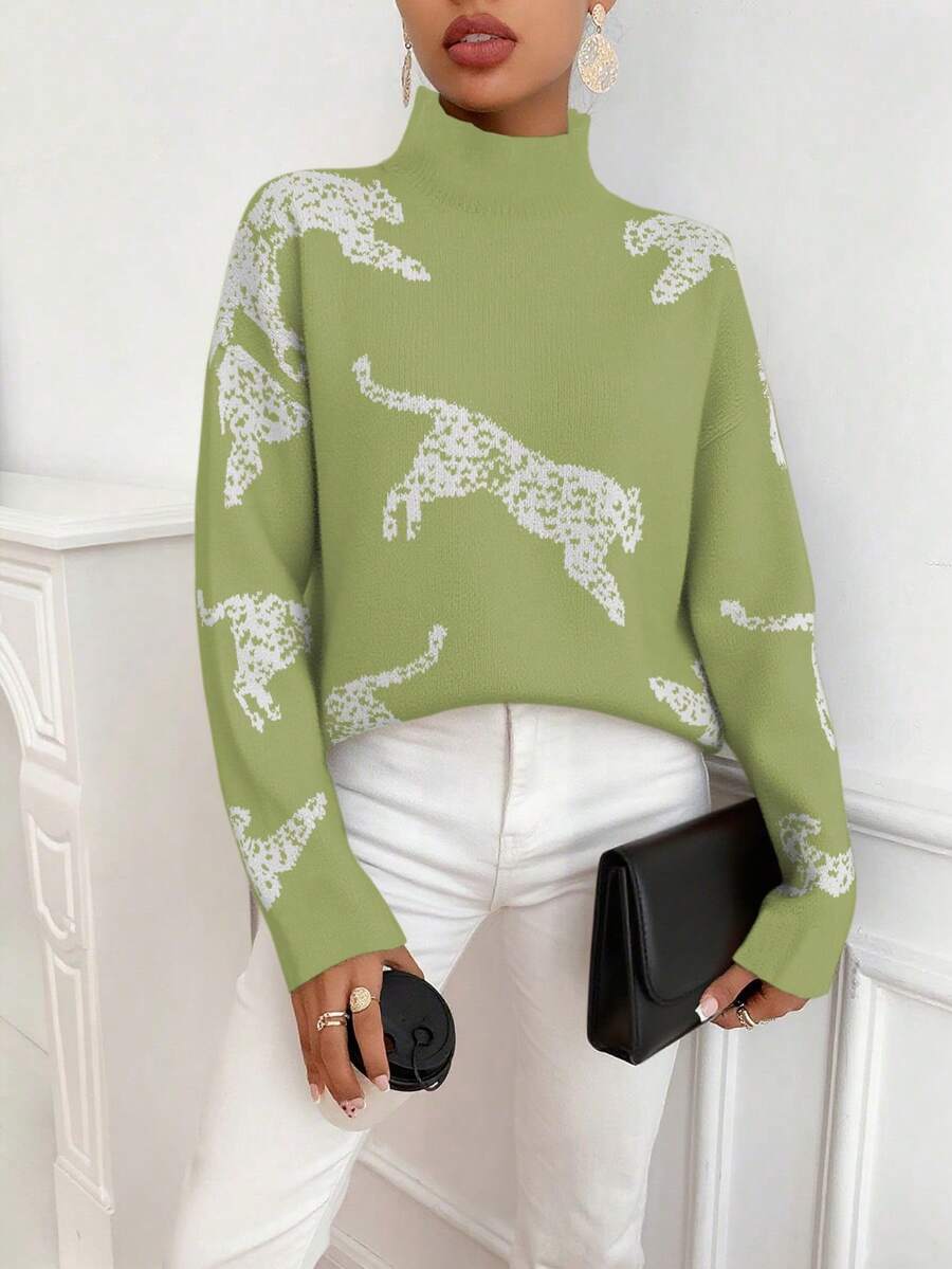 SHEIN Clasi Women's Leopard Pattern Stand Collar Long Sleeve Casual Loose Sweater, Autumn/Winter - Green - View 1