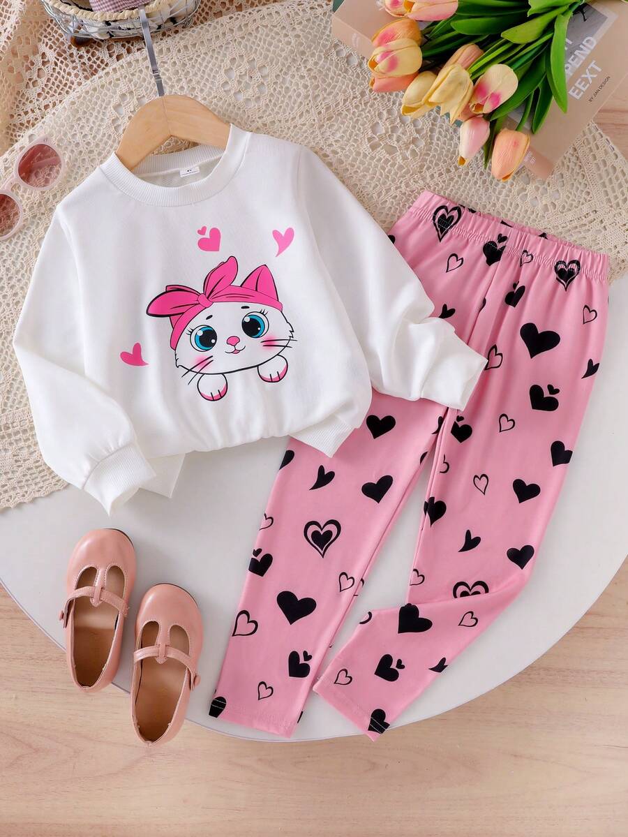 小女孩可爱日常穿搭，猫咪印花发箍，圆领长袖白色上衣，粉色爱心印花黑色裤子，儿童秋季休闲装 - 白色 - 查看 1