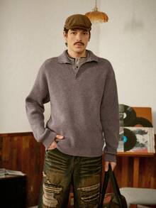 RivetRise كنزة صوفية كاجوال بأكمام طويلة وأزرار نصف لوحة ذات لون واحد للرجال، قميص محبوك للرجال للخريف/الشتاء، بلوزة محبوكة للرجال، بلوزة محبوكة للرجال مبطنة حرارية مقاومة للرياح والبرد، بلوزة محبوكة للرجال بياقة مستديرة، مجموعة الخريف للرجال، ملابس الرجال، ملابس الرجال من الكشمير - بني مخاوي - مشاهدة 6