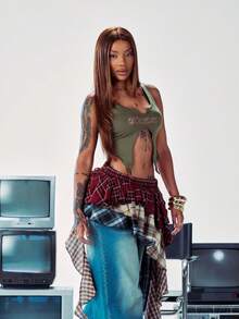 SHEIN x Ludmilla SHEIN ICON Letter Graphic Split Hem Summer Green Tank Top