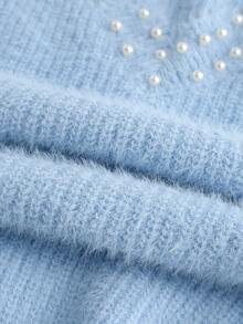 INAWLY Women's Solid Color Faux Pearl Decor V-Neck Dropped Shoulder Long Sleeve Loose Sweater, Autumn/Winter