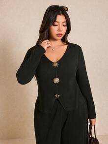 Elaquor Conjunto de top de manga larga con cuello en V y botones y pantalones de unicolor en talla grande - Negro - Ver 3