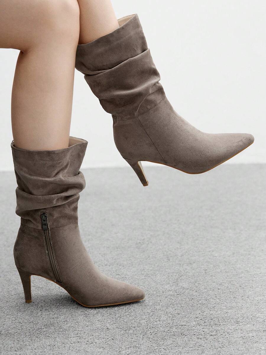 CUCCOO BIZCHIC بوت كاحل نسائية مريحة وعملية ذات كعب رفيع وأصبع مدبب من الجلد المدبوغ الخردلي، سهلة الارتداء والخلع، مناسبة للارتداء اليومي - رمادي - مشاهدة 1