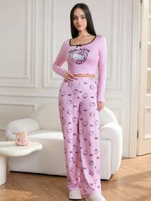 HELLO KITTY AND FRIENDS | SHEIN Women Fall & Winter Clothes Cat Print Long Sleeve Top & Pants Pajama Set Sleep Wear Women 2 Pieces Set Pj Sets For Women Long Sleeve Women Pajamas Set Women Pj Sets Cotton - Pink - View 6