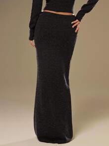 SHEIN BAE Women's Elastic Waist Mermaid Maxi Knit Skirt,Spring Sweaters, Everyday Casual Wear. - Dark Grey - View 4