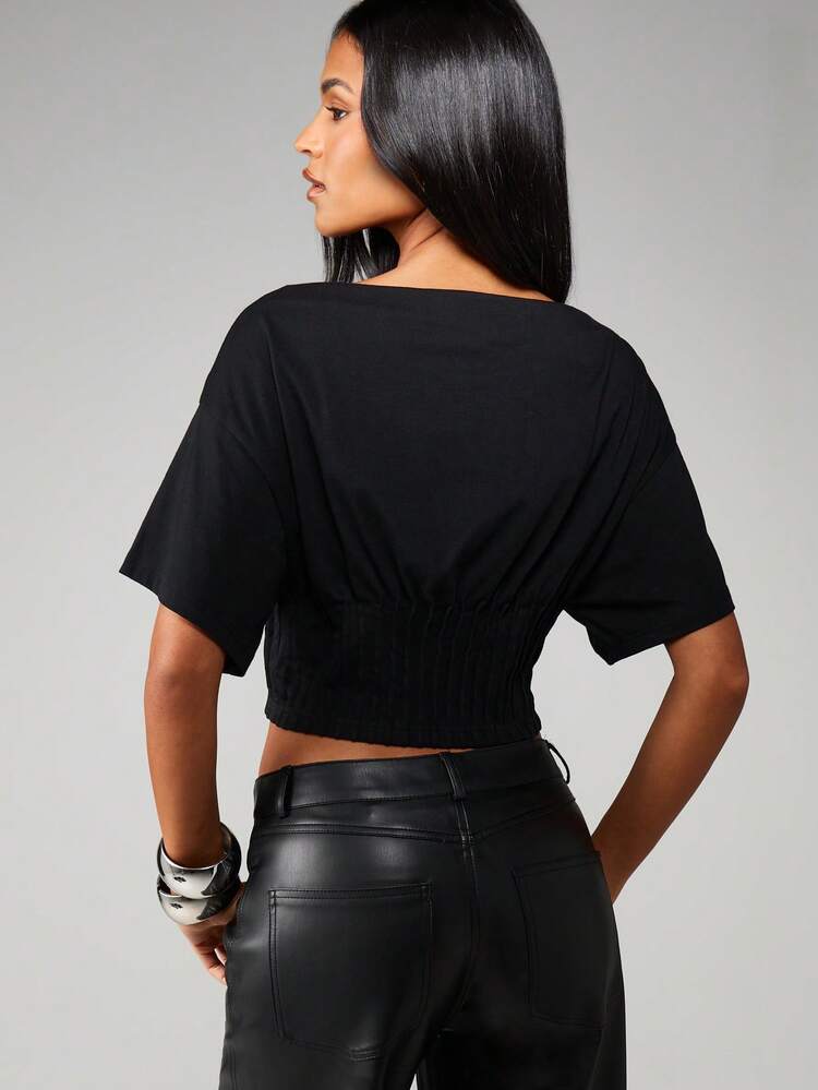 MISSGUIDED Off Shoulder Crop Top With Ribbed Waistband And Batwing Sleeves For Casual Everyday Wear