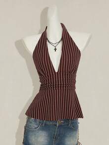 SHEIN ICON Halter Deep V-Neck Cinched Waist A-Line Backless Striped Tank Top - Brown - View 3