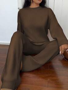 SHEIN Unity Conjunto de dos piezas de suéter de punto de unicolor y pantalones casuales para mujer, otoño/invierno - Marrón Chocolate - Ver 5