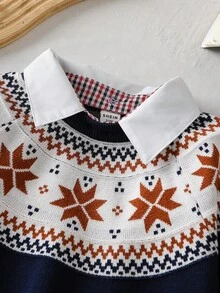 SHEIN 婴幼儿圆领衬衫领毛衣，新品上市。这款婴幼儿针织衫采用法罗群岛图案设计，展现清新可爱的童趣，并融入创意时尚元素。图案中可能运用明亮多彩的线条勾勒卡通元素，为毛衣增添活力与童趣。 - 藏蓝色 - 查看 3