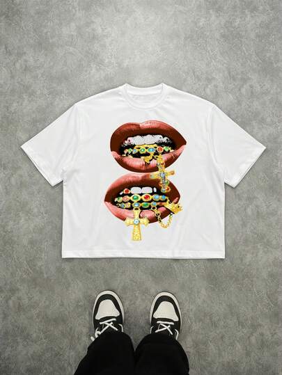 Manfinity ZONE917 Camiseta suelta de cuello redondo de manga corta con estampado de labios para hombre