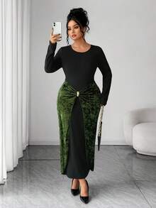 Elenzga Elegant Colorblock Twist Knot Bodycon Dress, Black & Green Patchwork, Metal Buckle Decor, Party Dress For Women, Spring/Autumn/Winter - Multicolor - View 3