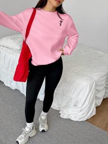 SHEIN EZwear Bộ 2 áo nỉ cổ tròn in họa tiết hình xẻng đen tối giản giản dị và quần legging bó, phù hợp cho mùa thu/đông - Nhiều màu - Xem 6