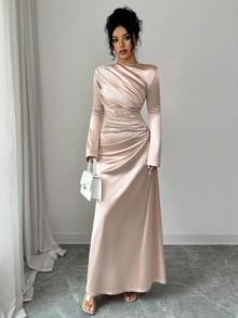 Rafferiza 优雅修身连衣裙，正面褶皱设计，缎面针织喇叭袖，浅粉色，适合派对或日常穿着，秋冬季 - 淺粉色 - 查看 8