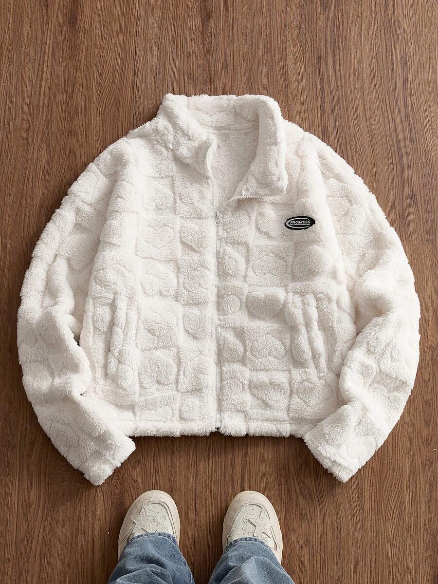 Manfinity VCAY Men's Letter Zip-Up Casual Fleece Hoodie, Autumn/Winter - Beige - View 1