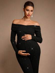 MaterniChic Pregnant Women's Elegant Black Glitter Off Shoulder Long Sleeve Jumpsuit For Autumn,Formal Evening Party & Baby Shower Maternity Jumpsuits - Black - View 4
