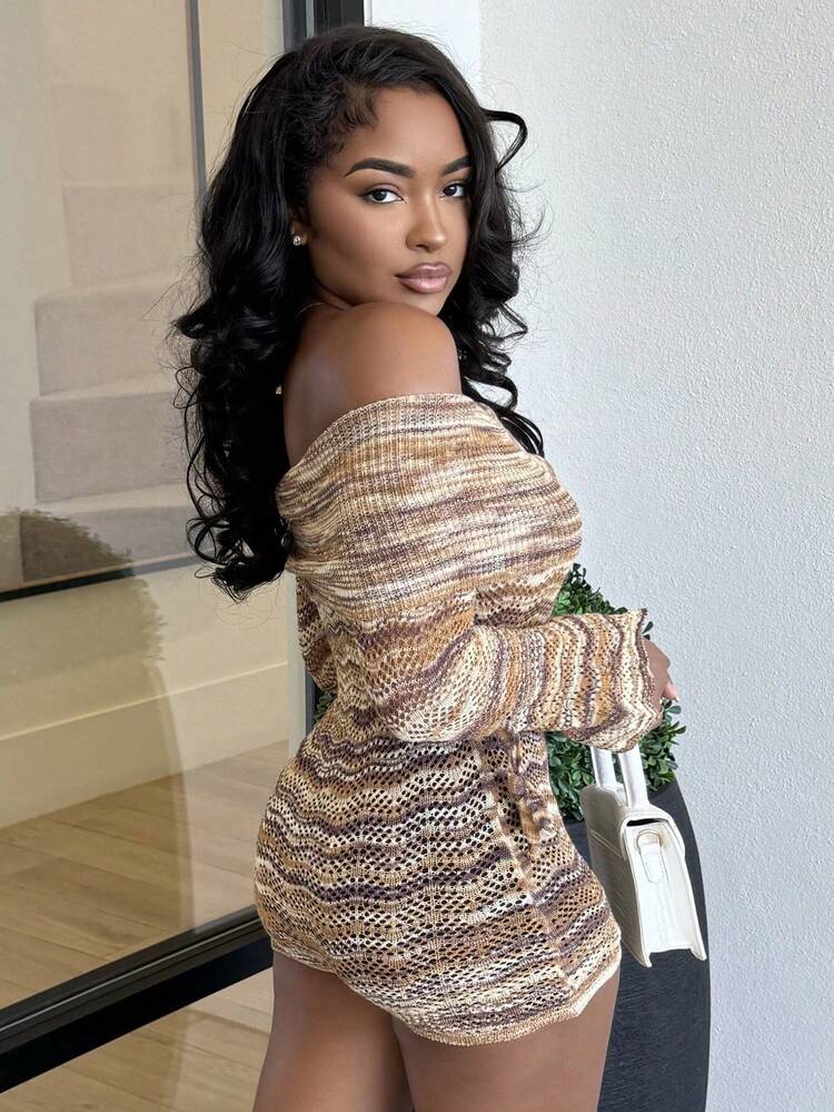 Alexandranx Women Casual Contrast Color Hollow Out Off-Shoulder Flare Sleeve Knitting Jumpsuit Brown Knit Playsuit In Fall/Winter - Multicolor - View 5