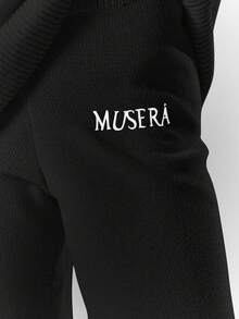 MUSERA Mid Rise Soft Knit Embroidered Wide Leg Trousers Bottom Only Cosy Cute Casual Coffee Club Spring - Black - View 6