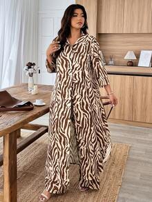 Weeklong Plus Size Plant Line Tie-Dye Print Loose 2 Pieces Set - Multicolor - View 4