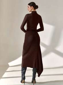 EURMUSE Váy len dài midi cắt xẻ bất đối xứng phong cách công sở thanh lịch - màu nâu - Xem 2
