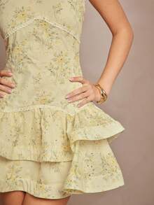 L'Amorae Woven Embroidered Elegant Halter Neck Ruffle Hem Sleeveless Dress - Light Yellow - View 7
