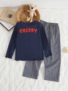 Young Girl' Navy Blue Ribbed Cherry Print Long Sleeve Top & Ribbed Pants Pajama Set - Navy Blue - View 2