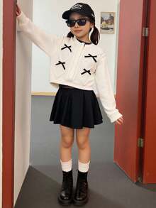 Tween Girl Cardigans,Cream White Soft Knit Cardigan With Bow,Back-To-School Autumn Casual Party Short Sweater For Kids,Wedding Guest Outfits - Beige - View 14