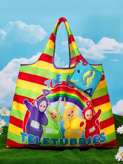 Teletubbies X SHEIN 1pc Cute Cartoon Character Printed Foldable Shopping Bag, Tote Bag With Attached Pouch Bag With Beaded Chain, Can Be Hung On Bags, Tinky Winky, Dipsy, Laa-Laa, Po