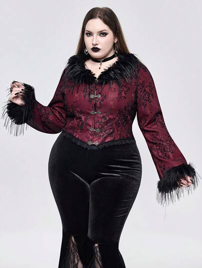 Goth Christmas Plus Size Gothic Lace Composite Fabric Exquisite Ostrich Hair Collar Cropped Jacket, Autumn/Winter