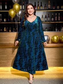 Gownix Váy maxi chữ A dài cổ trái tim dệt jacquard thanh lịch cho nữ cỡ lớn, váy dài tay, váy duyên dáng cho phụ nữ - màu xanh lá - Xem 2