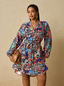 SHEIN VCAY Plus Size Women African Geometric Print Shirt Dress, Tie Waist Short Dress