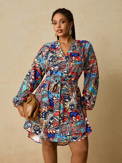 SHEIN VCAY Vestido camisero de mujer talla grande con estampado geométrico africano, vestido corto con cintura anudada