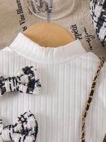 Baby Girls' Cute Black & White Plaid Skirt Outfit With Long Sleeve Round Neck Bow Decor Top And Hat Accessory T-Shirt Set - White - View 7